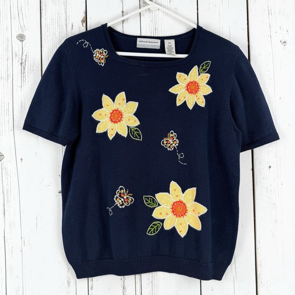 Alfred Dunner Petite XL Floral Embroidered Sweater Top Cottagecore Navy